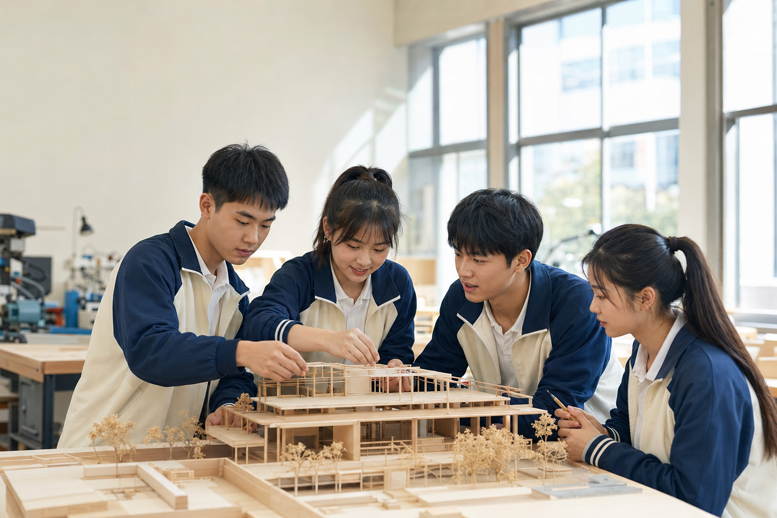 中学生在现代实训教室协作制作工程模型